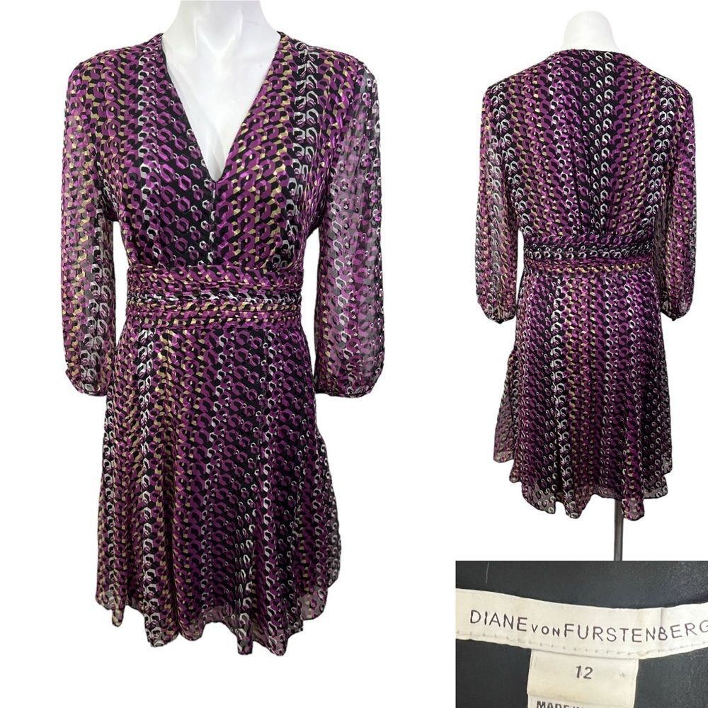 Diane von Furstenberg dress size 12 silk purple abstract multicolor side zip